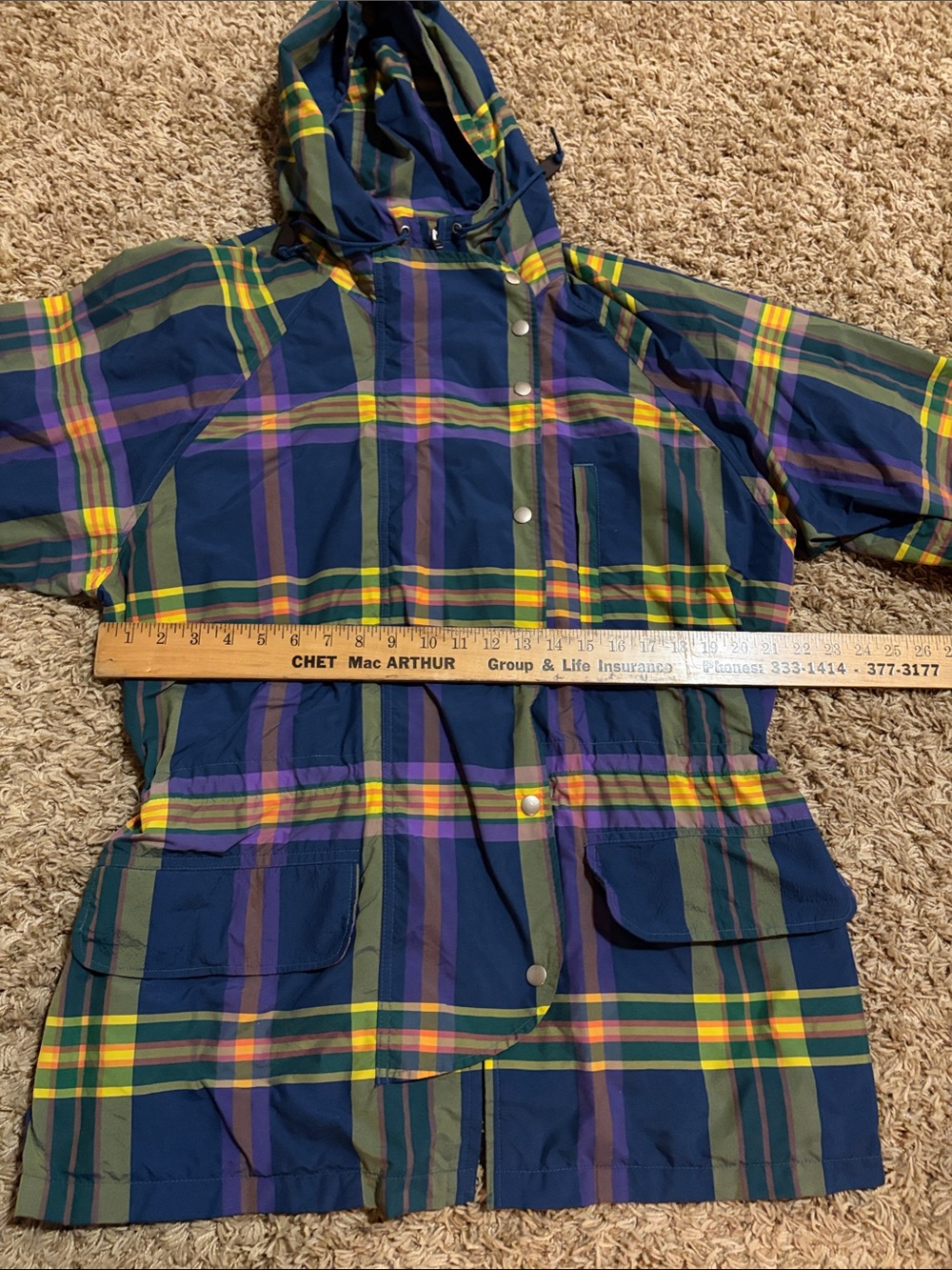 Polo Ralph Lauren Madras Plaid Hooded Anorak Jacket in Navy, Green & Yellow Y2K - Picture 7 of 10